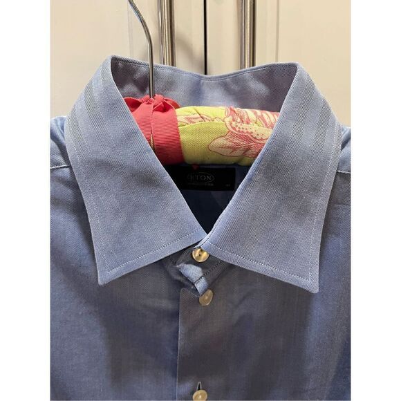 Eton Ganghester Men’s Luxury Blue Button Down Dress Shirt Sz 17.5 Work Office At - Picture 2 of 9